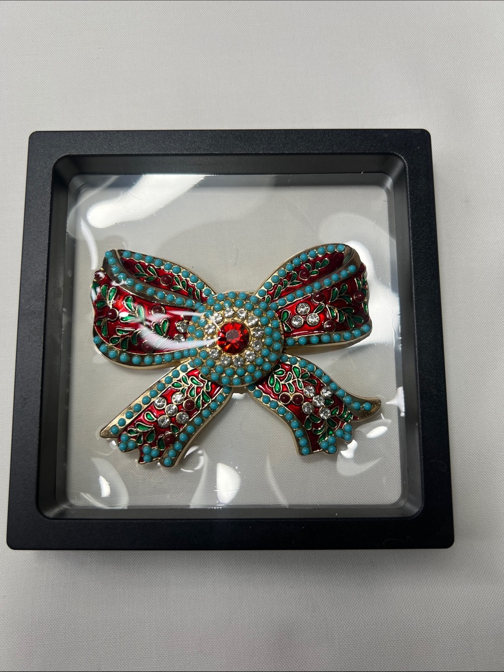 Vintage-Inspired Red and Turquoise Bow Brooch